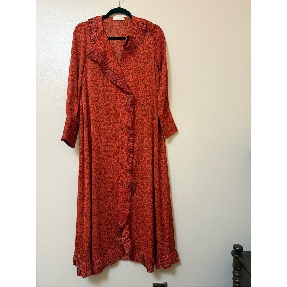 Mango Premium Red Snakeskin Print Ruffle Midi Dress Long Sleeve Size 2 XS